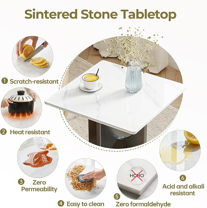 Square Table Top, 23.6” White Sintered Stone Tabletop, DIY Replacement & Cover Marble Desktop, Scratch & Wear Resistant, Suitable for Indoor & Outdoor