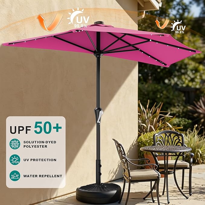 AreShark 9ft Patio Half Umbrellas with Solar Lights, 1/2 LED Half Outdoor Umbrella w/ 20 LED Lights, Lighted Table Wall Umbrella with Crank & 5 Sturdy Ribs for Market, Pool, Deck, Lawn and Garden, Rose Pink