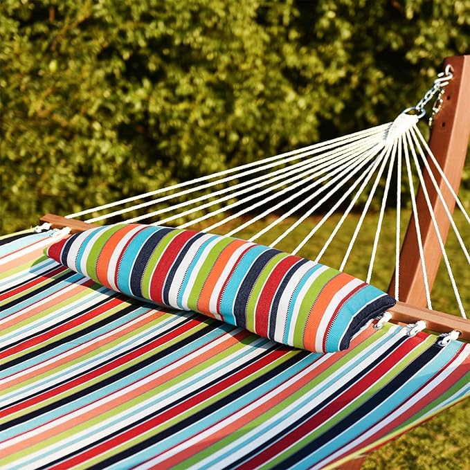 Lazy Daze 12FT Sunbrella Fabric Hammock with 13FT Wood Arc Stand, Free Pillow Fits for Two Persons, All Weather and Fade Resistant for Patio Yard, 450 lbs Weight Capacity, Carousel Confetti