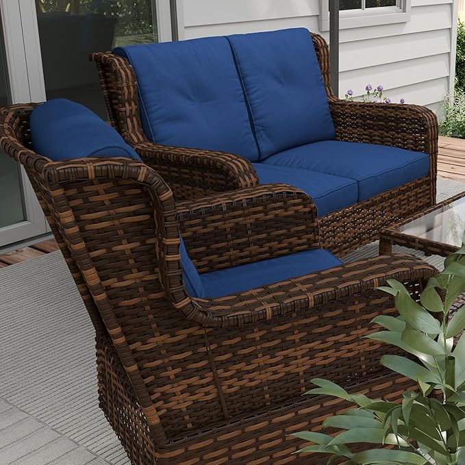 Outsunny 4 Piece PE Rattan Outdoor Patio Furniture Set, Wicker Conversation Set with 2 Swivel Glider Chairs, 2-Tier Glass Table and Loveseat for Garden, Patio, Poolside, Blue