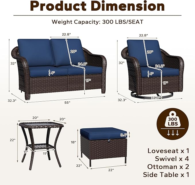 8 Piece Patio Wicker Conversation Set, All-Weather Use Outdoor Wicker Loveseat with 2 PE Rattan Ottomans,4 Swivel Chair, 1 Side Table, Ideal for Porch, Backyard, Balcony, Poolside, Blue