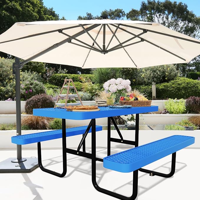 Picnic Tables for Outdoors,Commercial Metal Picnic Table Bench Set with Umbrella Hole,School Canteen Tables W/Seats - Heavy Duty Sturdy Picnic Tables Furniture for Patio Garden (Blue, 6FT)
