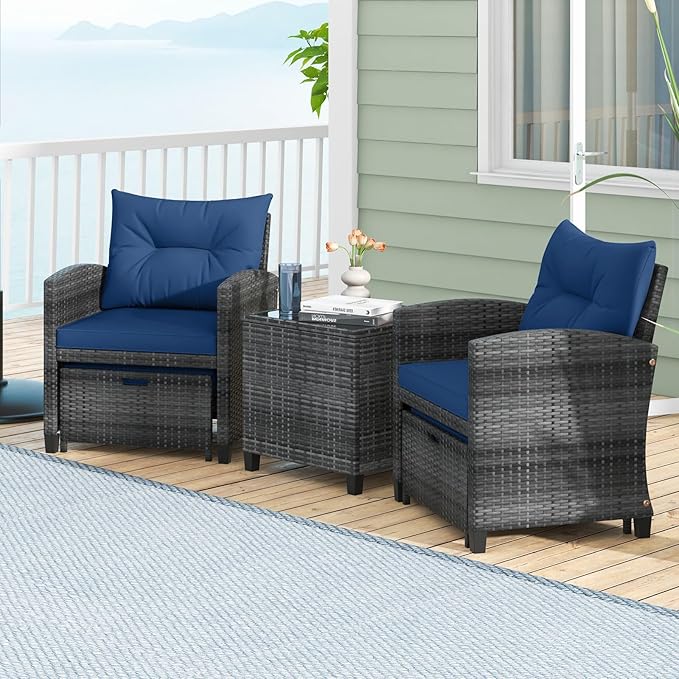 ORALNER 5 Pieces Patio Furniture Set with Ottoman, Wicker Conversation Set w/Cushions, Glass Coffee Table, Outdoor Lounger Rattan Chairs Bistro Set for Porch Balcony Garden Deck Poolside (Navy)