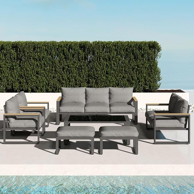 Green4ever Aluminum Patio Furniture Set, 7 Piece Outdoor Conversation Set with Coffee Table, Metal Outdoor Patio Furniture Set for Porch Backyard Garden, Grey