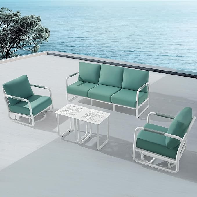MBY Outdoor Aluminum Patio Furniture Set, 5-Seats Patio Conversation Sofa Set with 2 Swivel Rocking Chairs and 2 Coffee Tables, All Weather for Pool, Balcony, Garden-White