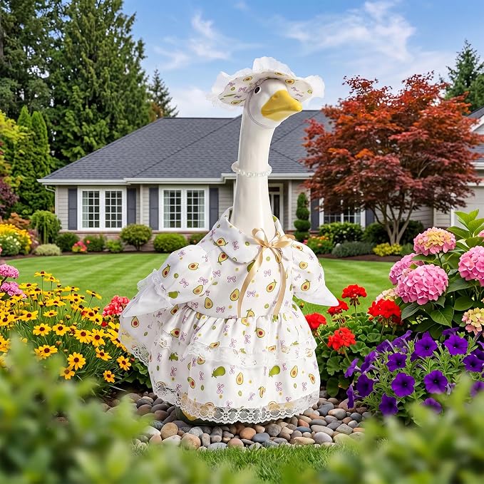 Porch Goose Outfit Flower with Pearl Necklace and Sunflower Hat for 23" Large Statue,Porch Goose Clothes for Outdoor Patio Yard Garden Holiday Decor