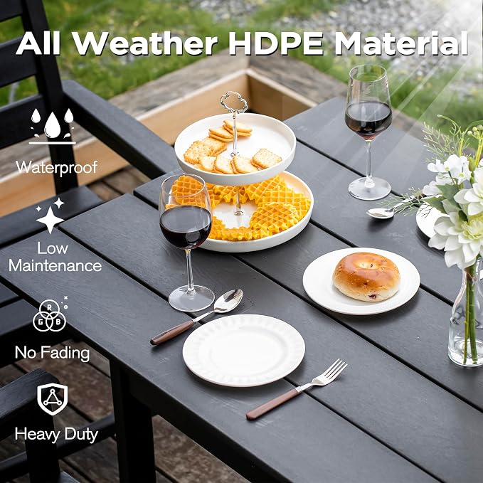 nalone 7-Piece Patio Dining Table Set, HDPE Outdoor Dining Sets with Table and 6 Chairs, Dining Furniture Set with Umbrella Hole (Black, 7 Pcs)