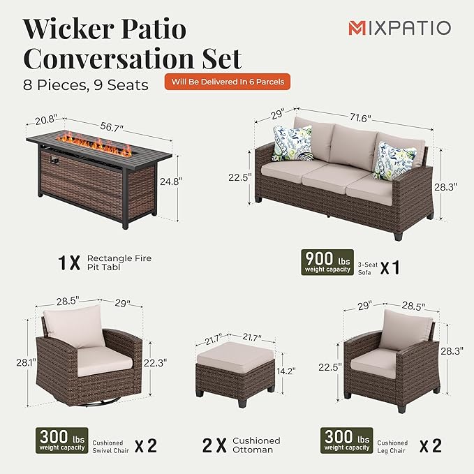 Swivel Glider Patio Furniture Set, 8 Pcs Wicker Outdoor Conversation Set, 2 x Swivel Chairs, 2 x Leg Chairs, 1 x 3 Seater Sofa and 2 x Ottomans and 56" Fire Pit Table, Beige