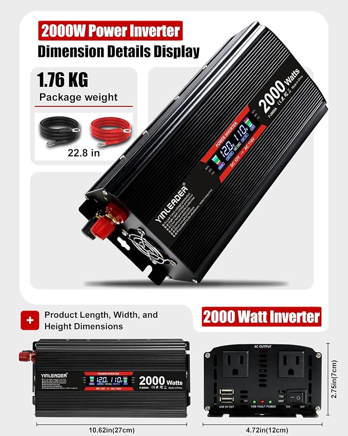 2000 watt Inverter 12V to 110V/120V, dc to ac Inverter 2000W with Intelligent LCD Display Dual AC Outlets Dual USB Charging Port for RV Truck Laptop (Black)