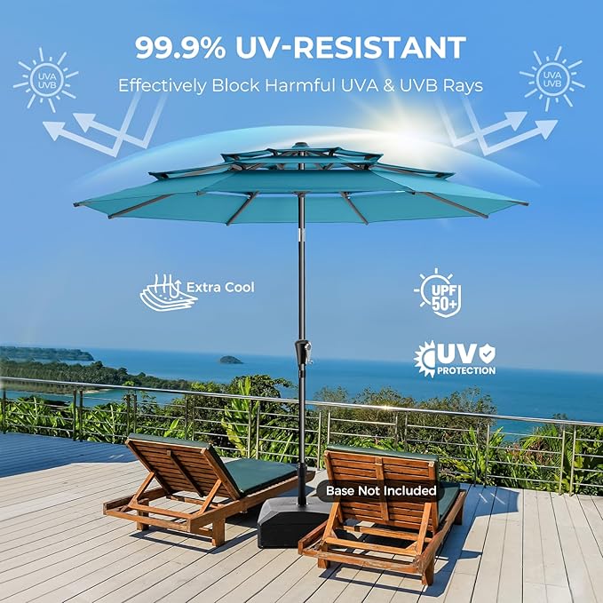 HOMSHADE 9FT 3-Tiers Outdoor Patio Umbrella with 5-Year Fade Resistant,Vented Outdoor Commercial Market Umbrella with UPF50+ UV Protection & Push Button Tilt and Crank for Pool,Backyard(Light Blue)