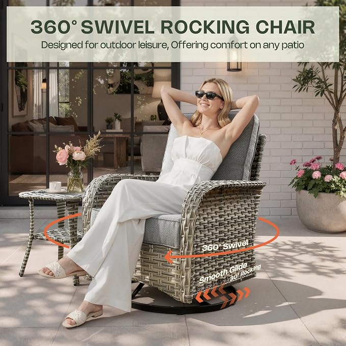 Outdoor Swivel Rocking Chair Set of 2 with Coffee Table, Wicker Patio Glider Chairs with 4 Inch Thick Cushions, 350lbs Capacity High Back Rattan Furniture Set for Sunroom and Small Spaces, Dark Gray