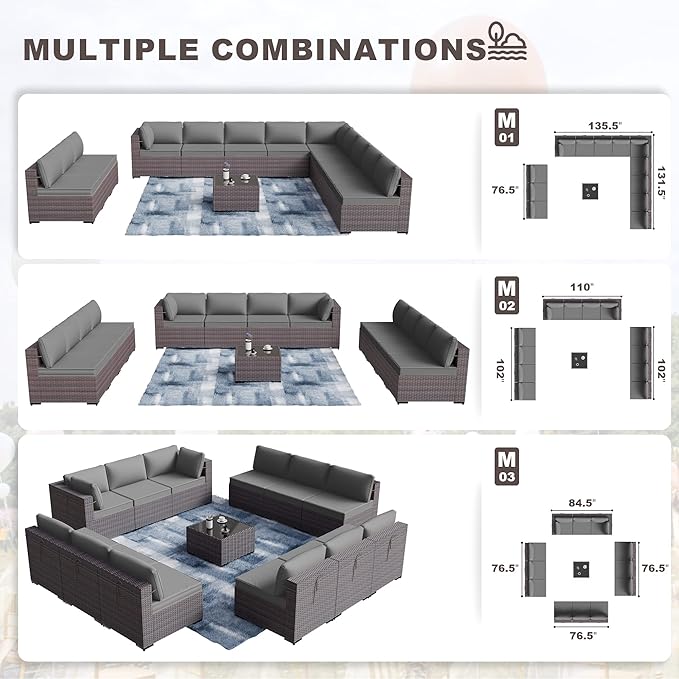 Kurapika 14 Pieces Patio Furniture Set, Rattan Wicker Outdoor Conversation Sets w/43in Propane Fire Pit Table and 4 Inch Cushion(Grey)