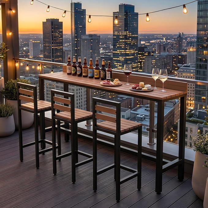 Outdoor Patio Bar Height Table with Baffle, Weather Resistant High Counter Table Porch Pub Tables Wood-Plastic Tabletop, for Poolside Garden Balcony Restaurant Cafe(Black,55.1"x15.7"x40.5")