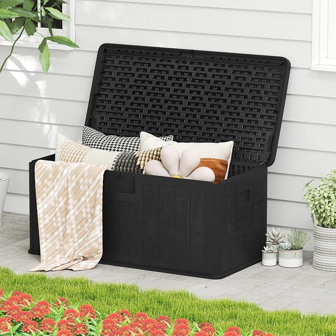 Giantex 100 Gallon Deck Box, Waterproof Resin Box with Lockable Lid, 440Lbs Outdoor HDPE Storage Container Bench for Patio Furniture Cushions, Pool Tools & Garden Accessories (Black)
