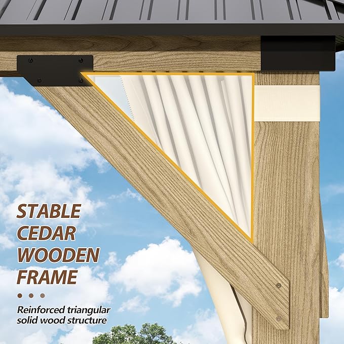 13'x15' Wood Gazebo,Outdoor Hardtop Gazebo with Galvanized Steel Double Roof, Wooden Frame Gazebos with Netting and Curtains for Patio Backyard Deck
