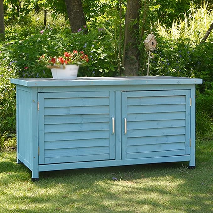 Double Door Outdoor Deck Boxes, Solid Wood+Metal Patio Storage Box, Garden Box with Plastic Foot for Balcony, Patio