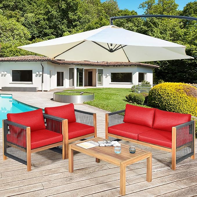 Tangkula Outdoor Wood Furniture Set, Acacia Wood Frame Loveseat Sofa, 2 Single Chairs and Coffee Table, 4 Pieces Conversation Set with Cushions, Garden Balcony Poolside Outdoor Living Set (1, Red)