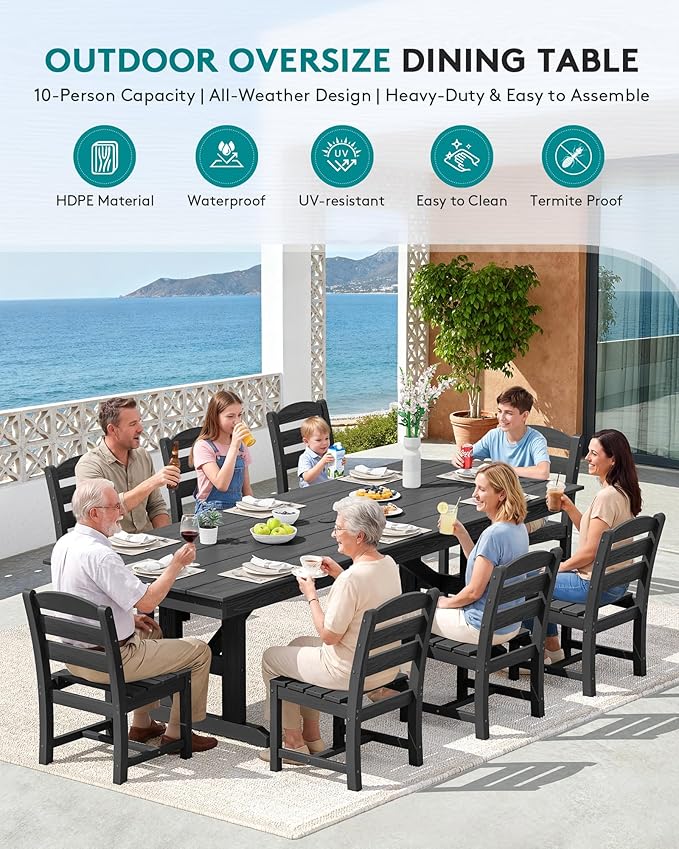 SERWALL 9 Piece Outdoor Dining Set, 84" HDPE Outdoor Table and Armless Chairs Set for 8，All Weather Patio Furniture Set with Umbrella Hole for Backyard, Garden, Black