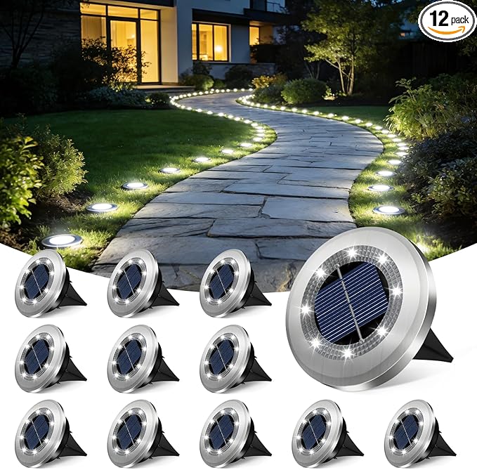 2.8 Inch Mini Solar Ground Lights 12 Pack, Solar Lights Outdoor Waterproof, Solar Garden Lights Outdoor Landscape Lighting for Pathway Walkway Patio Yard Driveway, Cold White