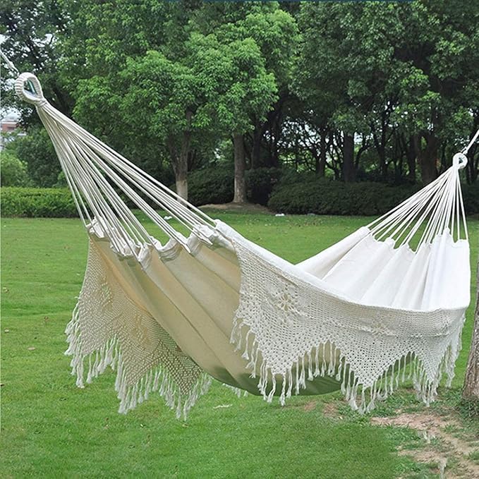 RUVOO Hammock Camping Hammock Swinging Hammock Fringed White Canvas Fabric Portable Hammock for Camping Outdoors Or Gardens and Travel Hammocks for Outside