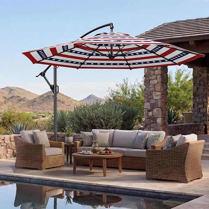 HOMSHADE 10ft Offset Patio Umbrella - w/Base, Cantilever Offset Hanging Patio Outdoor Market Umbrella UPF50+ UV Protection with Easy Tilt and Crank for Pool Deck and Garden(Red & Blue Star Stripes)