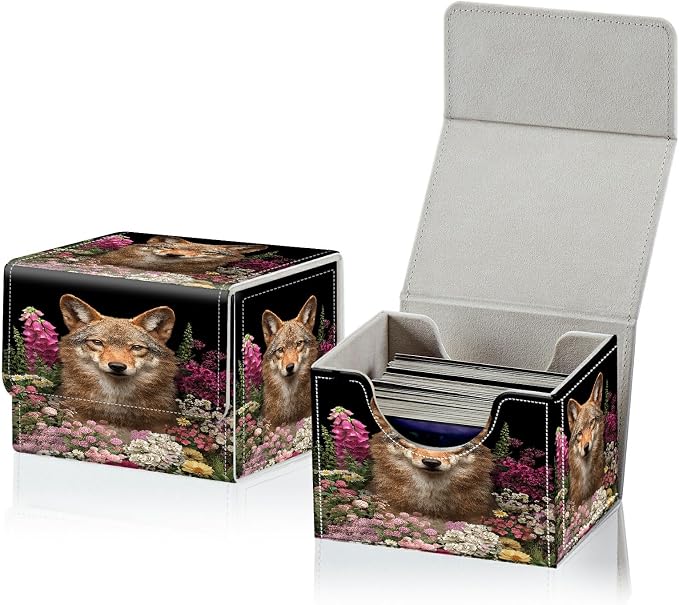 Card Deck Box for MTG, Cards Storage Box Fits 120+ Sleeved, Leather Small Size Strong Magnetic Closing Card Case for Board Games Magic TCG CCG Baseball Collection, Flower Wolf