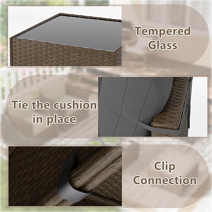 7 Piece Outdoor Patio Furniture Set, Rattan Chairs Glass Table Wicker Conversation Seating Sectional Sofa with Cushions (Brown-Dark Grey, 7Pcs-Straight Back)