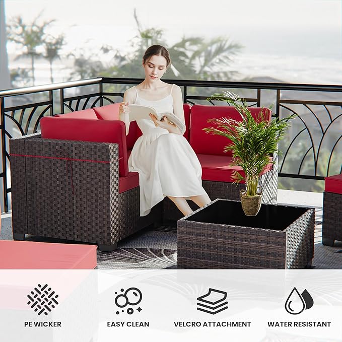13 Pieces Outdoor Patio Furniture Set,Outdoor Sectional Furniture with 43" 55000 BTU Gas Propane Fire Pit Table,PE Rattan Wicker Patio Conversation Set with 10 Thickened Cushions,Red