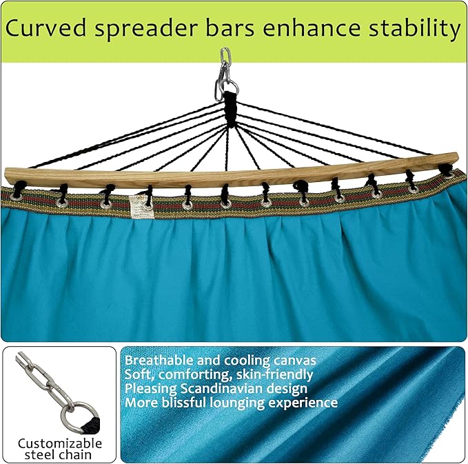 Tranquillo Double Hammock 2 Persons Cotton Canvas 600 lbs Portable Camping Hammock with Solid Wood Spreader Bar Hammock for Camping Portable Relaxation Gear for Camping Patio Garden, Blue