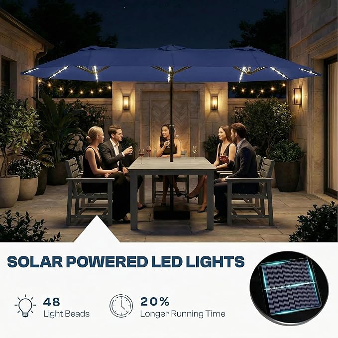 15FT Large Outdoor Patio Umbrella with Solar Lights and Base, Double-Sided Table Umbrellas with 48 LED Lights, Rectangle Market Umbrella for Pool, Deck, Backyard