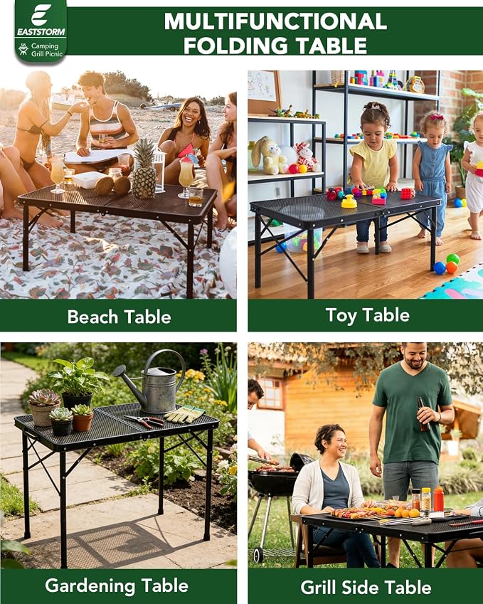 3 ft Folding Table with Adjustable Height, Camping Table with Carry Handle, Metal Mesh Table ,Portable Grill Table for Camping, Tailgating, BBQ, Picnic & Indoor, Fits 3–6 People, Supports 66 lb, Black