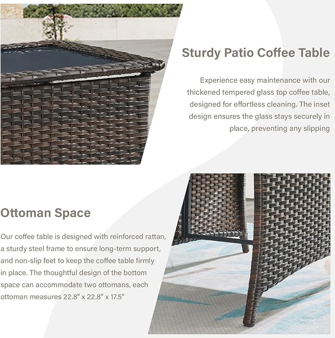 Belord 4 Piece Patio Wicker Furniture Set, Outdoor Swivel Rocker Chairs, All Weather Outdoor Patio Loveseat with Cushion and Coffee Table for Deck Porch, Brown Wicker/Blue