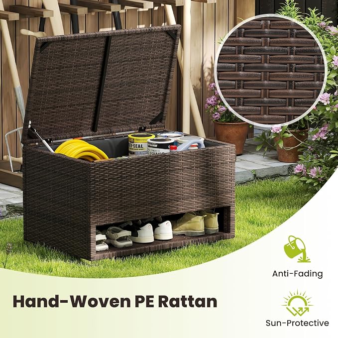 RELAXLIFE 48-Gallon Outdoor Storage Box - PE Wicker Patio Storage Bin w/Shoe Rack Shelf, Protective Liner for Cushion, Garden Tools, Pool Supplies, Backyard Pillows, Outside Furniture Rattan Deck Box