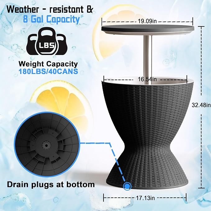 3-in-1 Outdoor Cocktail Table w/Built-in 8Gal Wine Cooler & All-Weather Ice Bucket - Adjustable Patio Bar Height Cooler Table for Poolside, Backyard, Outdoor Bar, Party & Picnic