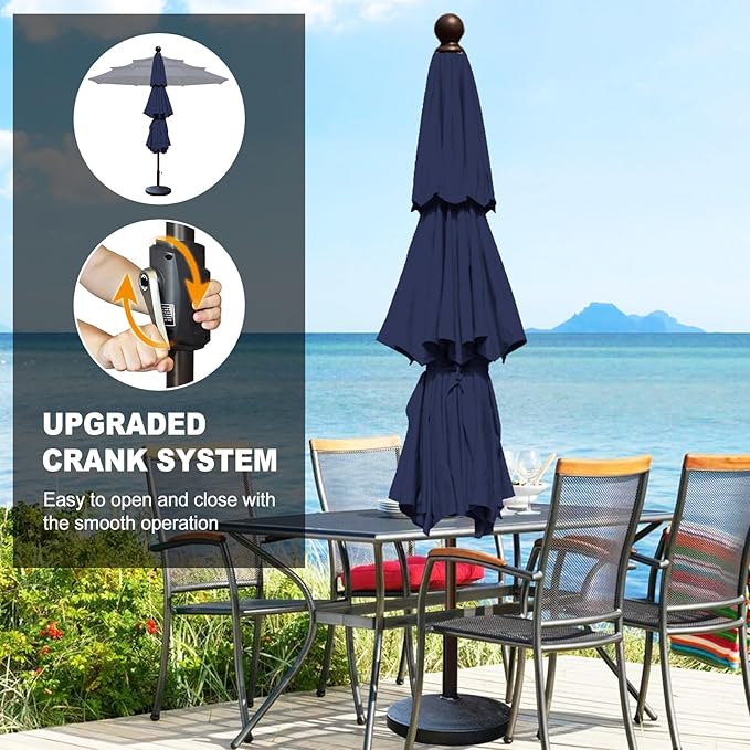 Eurmax USA 10-Year-Non-Fading 10FT 3-Tier Outdoor Patio Market Umbrella,UPF50+ UV Resistant,Heavy Duty Commercial Grade,Crank Lift Design,Windproof Vented Top for Garden,Pool,Deck,Navy Blue
