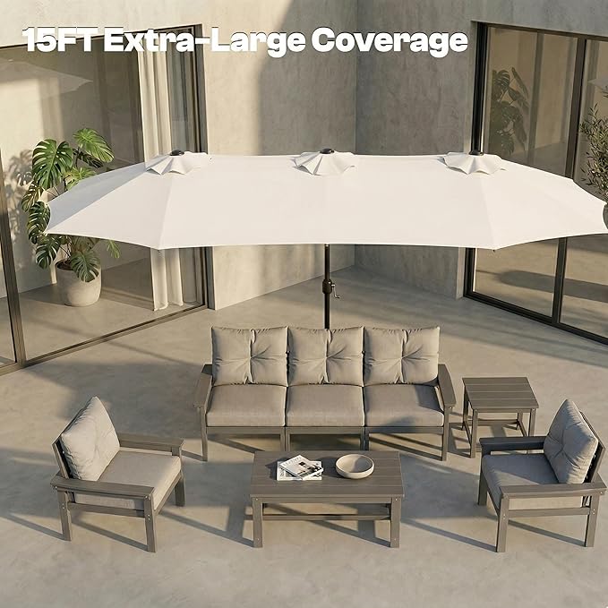 15FT Large Outdoor Patio Umbrella with Solar Lights and Base, Double-Sided Table Umbrellas with 48 LED Lights, Rectangle Market Umbrella for Pool, Deck, Backyard