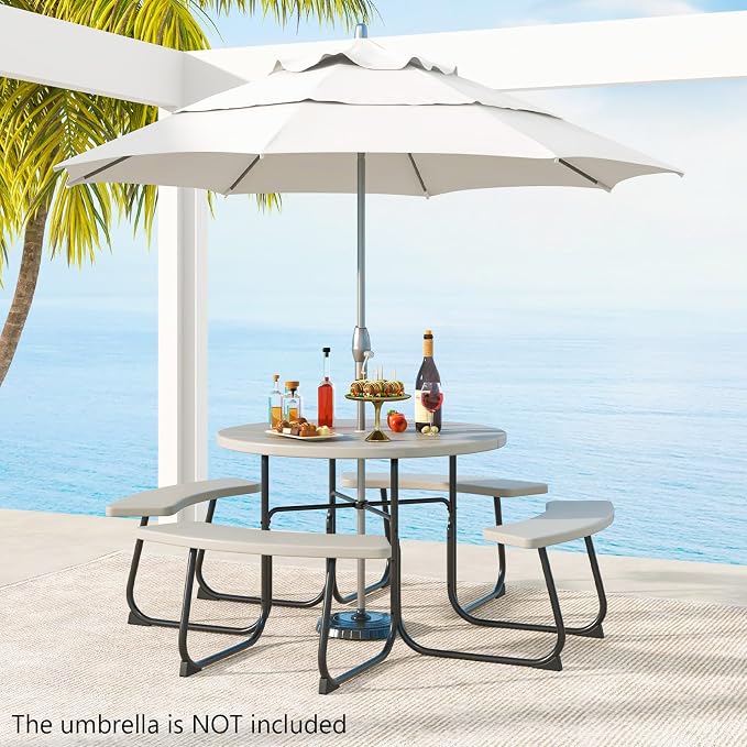 COSTWAY Round Picnic Table with Umbrella Hole, Outdoor Picnic Table with Bench Set for 4-8 People, HDPE Tabletop, Patio Dining Furniture Set for Family Gatherings, BBQ Party, Backyard (Grey)