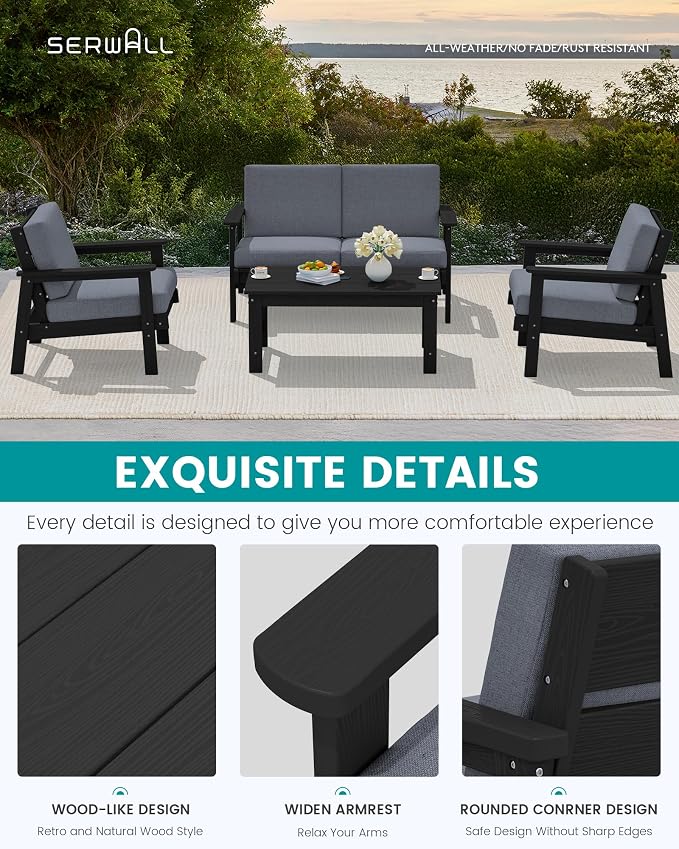 SERWALL HDPE Patio Furniture Set, 5 Piece All Weather Wood-Like Sectional Outdoor Furniture Set for Deck, Lawn, Black Patio Sofa Couch with Grey Cushions