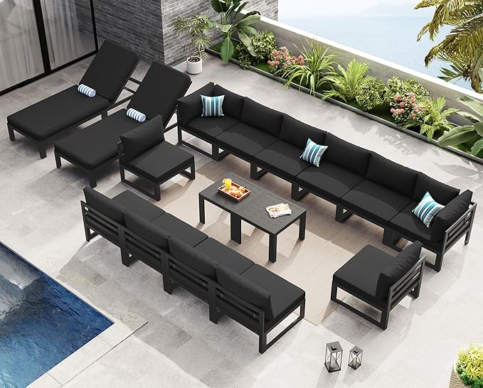 NICESOUL 16 Piece Large Modern Aluminum Patio Furniture Set, Water & Fade Resistant Modular Outdoor Conversation Set with Chaise, 500 lbs Heavy Duty Comfortable Sectional Sofa for Poolside, Black
