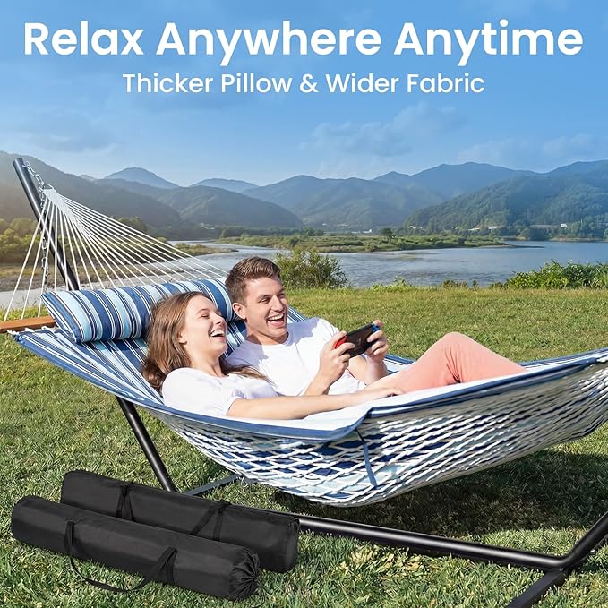 Double Hammock with Stand – Portable Cotton Rope Hammock with Removable Quilted Pad & Pillow, Adjustable Steel Frame for Patio, Backyard, Garden, Park, Camping & Outdoor Relaxation – Blue
