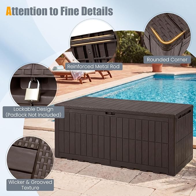HAPPYGRILL 180 Gal Outdoor Deck Box, Lockable Storage Bin with Lid and Handles, Waterproof and Sun-Protective Patio Bench and Storage Box for Garden Tools Pool Supplies (Dark Brown, 180Gallon)