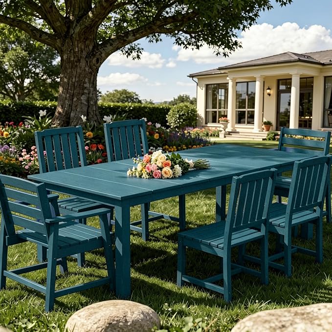 AreShark 7-Piece Outdoor Dining Set,HDPE Patio Table with 6 Chairs,All-Weather Patio Furniture Set with Umbrella Hole,Low Maintenance Wood Grain Dining Set for Backyard,Garden,Poolside,Navy Blue