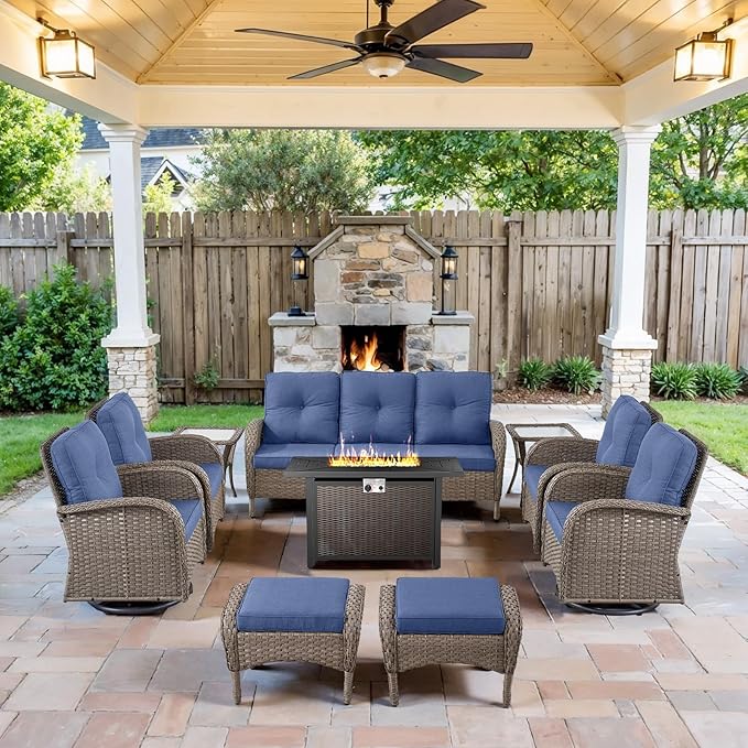 Belord Expansive 10 Pieces Outdoor Patio Furniture Set with 43” Propane Fire Pit Table, Patio Conversation Set with Swivel Rocker Outdoor Chairs Set of 4 and Sofa, Ottoman and Wicker Side Table