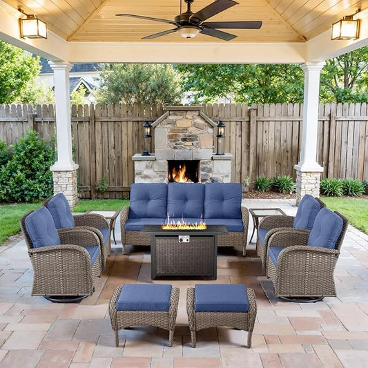 Belord Expansive 10 Pieces Outdoor Patio Furniture Set with 43” Propane Fire Pit Table, Patio Conversation Set with Swivel Rocker Outdoor Chairs Set of 4 and Sofa, Ottoman and Wicker Side Table