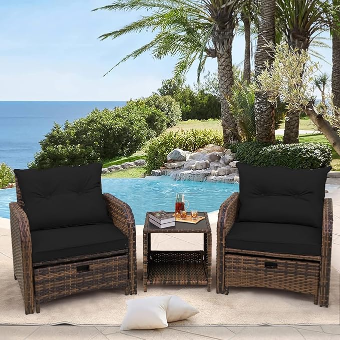 5 Pieces Wicker Outdoor Patio Chairs Set with Ottoman Patio Conversation Furniture Set with Ottoman Underneath All Weather Brown PE Rattan Balcony Furniture Set & End Table, Black Cushion