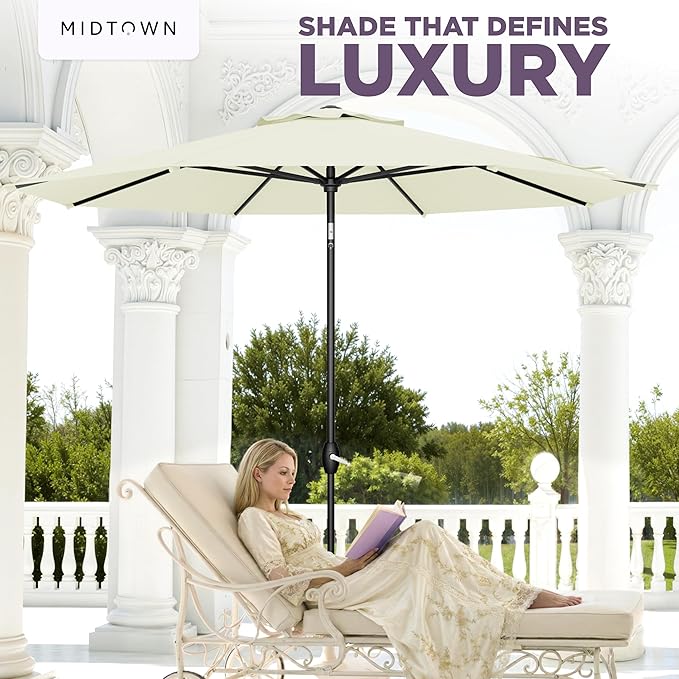 Midtown Umbrellas - The Lean 9 Ft Patio Umbrella with Fade-Resistant Sunbrella Fabric, Auto-Tilt Aluminum Frame and 8 Reinforced Ribs for Deck, Pool & Garden - Canvas Natural Canopy, Black Pole