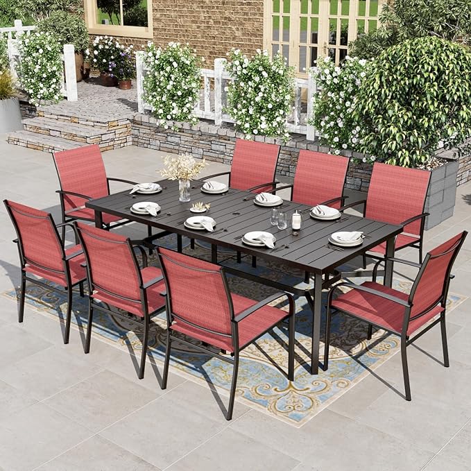 HERA'S HOUSE 9 Pieces Patio Dining Set, Outdoor Metal Table and Chairs Set for 8, 83" Rectangular Table with 1.71" Umbrella Hole, 8 x Textilane Patio Dining Chairs for Lawn Garden Backyard Deck