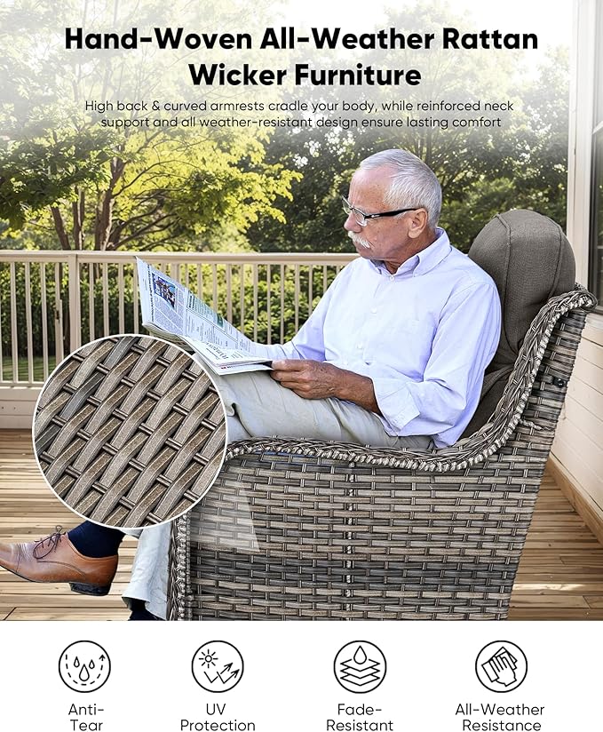 HUMMUH Luxury Patio Furniture Set 6-inch Thick Cushions High Back Swivel Rocker Chairs & 3 Seater-Couch & Steel Fire Pit Table 5 Pieces Outdoor Conversation Set for Porch,Deck,Backyard