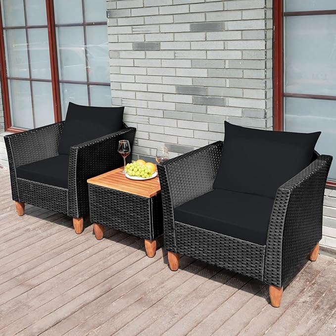 COSTWAY 3 Pieces Patio Rattan Furniture Set, Outdoor Wicker Conversation Chairs Set with Acacia Wood Coffee Table & Washable Cushion, Porch Furniture Bistro Set for Balcony, Garden, Backyard, Black