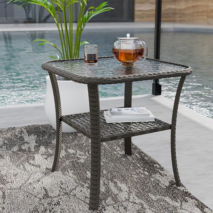 COOS BAY PE Rattan Outdoor Side Table, Tempered Glass Top Coffee Table for Garden, Lawn, Deck, Backyard, Stonewash Gray